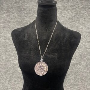 Vintage Silver Tone Clock Medallion Necklace French Love Inscription 32 Inch